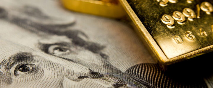 American golden standard concept- 20 dollar bill, gold bars, and bank note